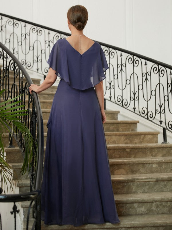 Eden A-Line/Princess Chiffon Beading V-neck Short Sleeves Asymmetrical Mother of the Bride Dresses DEP0020312