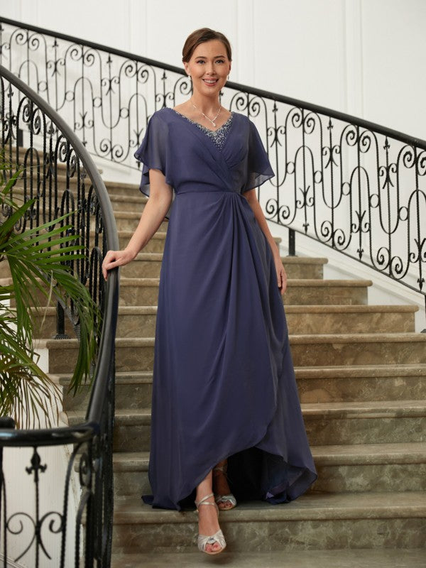 Eden A-Line/Princess Chiffon Beading V-neck Short Sleeves Asymmetrical Mother of the Bride Dresses DEP0020312