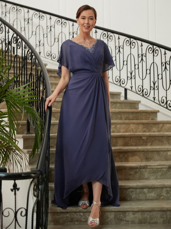 Eden A-Line/Princess Chiffon Beading V-neck Short Sleeves Asymmetrical Mother of the Bride Dresses DEP0020312