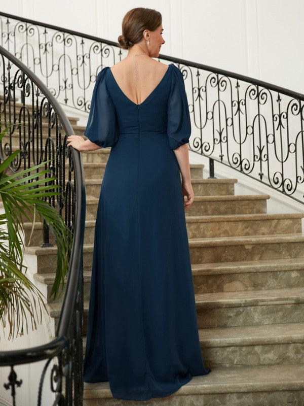 Brenna A-Line/Princess Chiffon Ruched V-neck 1/2 Sleeves Floor-Length Mother of the Bride Dresses DEP0020344