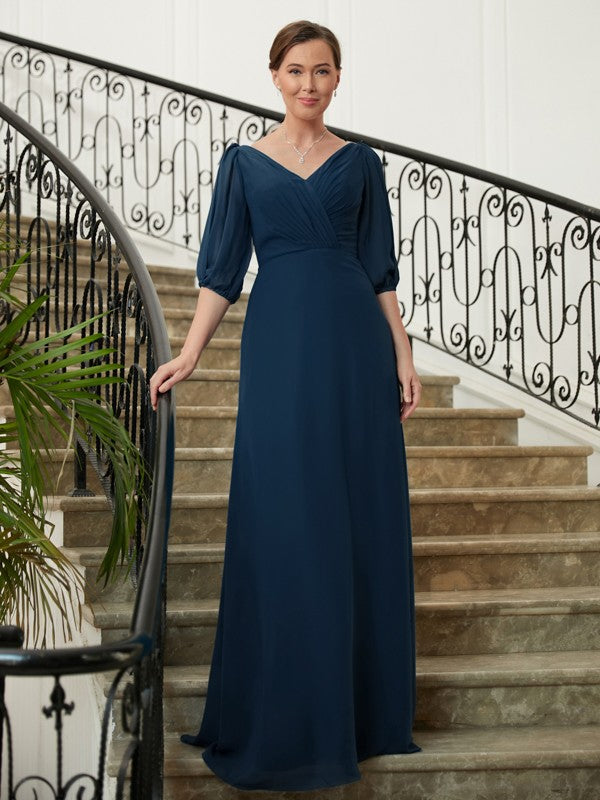 Brenna A-Line/Princess Chiffon Ruched V-neck 1/2 Sleeves Floor-Length Mother of the Bride Dresses DEP0020344