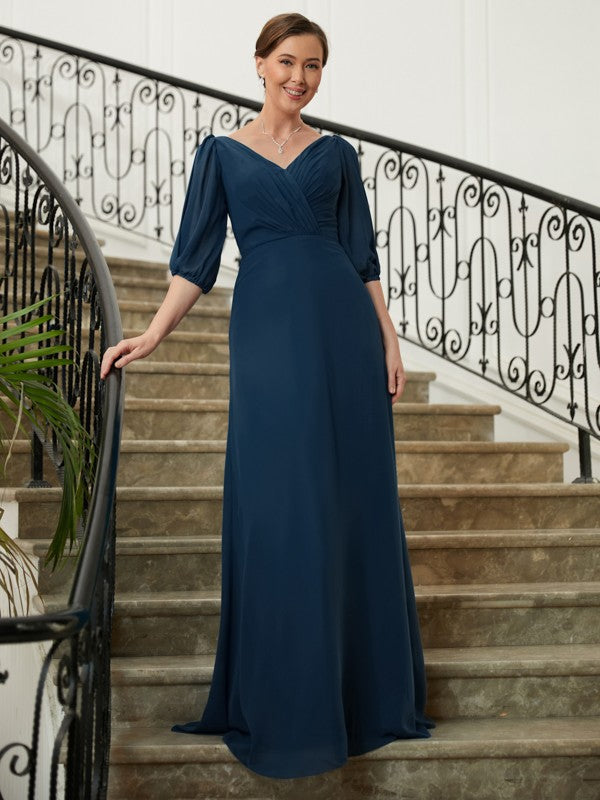 Brenna A-Line/Princess Chiffon Ruched V-neck 1/2 Sleeves Floor-Length Mother of the Bride Dresses DEP0020344