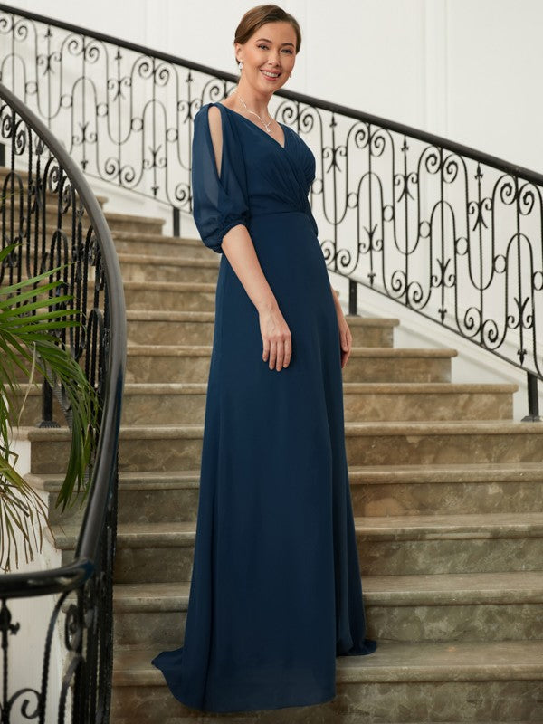 Brenna A-Line/Princess Chiffon Ruched V-neck 1/2 Sleeves Floor-Length Mother of the Bride Dresses DEP0020344