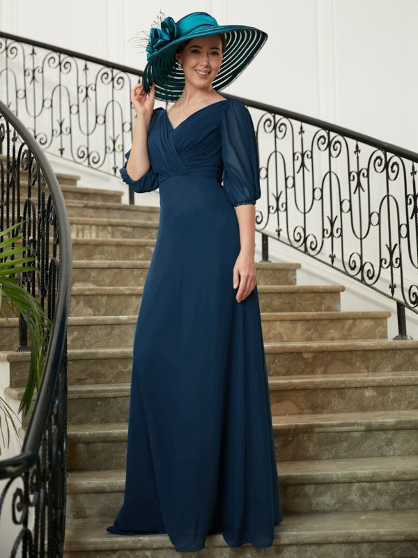 Brenna A-Line/Princess Chiffon Ruched V-neck 1/2 Sleeves Floor-Length Mother of the Bride Dresses DEP0020344