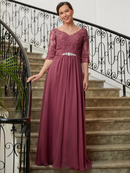 Shania A-Line/Princess Chiffon Lace V-neck 3/4 Sleeves Floor-Length Mother of the Bride Dresses DEP0020306