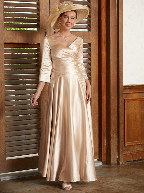 Marian A-Line/Princess Elastic Woven Satin Ruched V-neck 3/4 Sleeves Ankle-Length Mother of the Bride Dresses DEP0020362