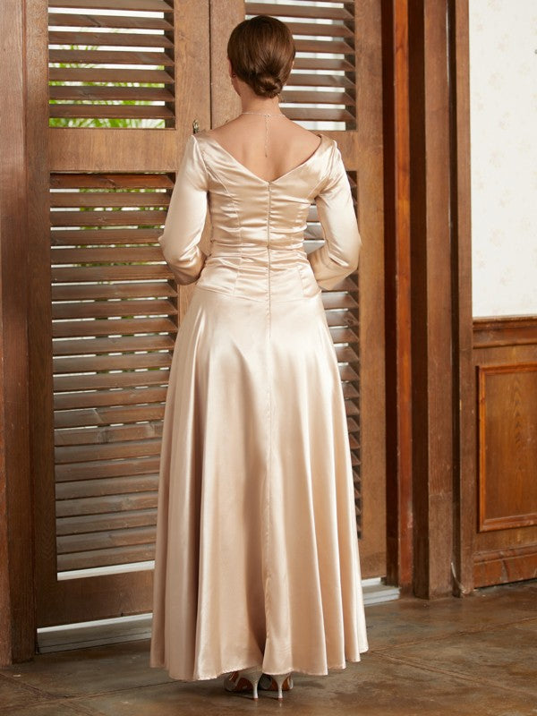 Marian A-Line/Princess Elastic Woven Satin Ruched V-neck 3/4 Sleeves Ankle-Length Mother of the Bride Dresses DEP0020362