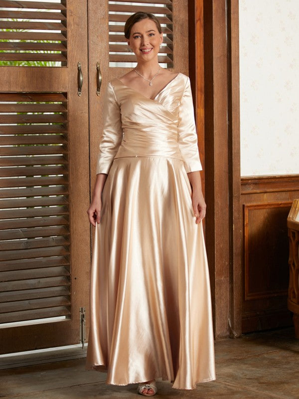 Marian A-Line/Princess Elastic Woven Satin Ruched V-neck 3/4 Sleeves Ankle-Length Mother of the Bride Dresses DEP0020362