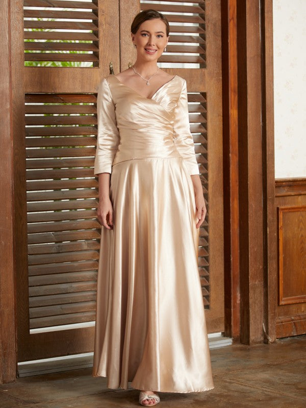 Marian A-Line/Princess Elastic Woven Satin Ruched V-neck 3/4 Sleeves Ankle-Length Mother of the Bride Dresses DEP0020362