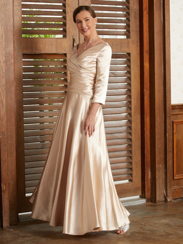 Marian A-Line/Princess Elastic Woven Satin Ruched V-neck 3/4 Sleeves Ankle-Length Mother of the Bride Dresses DEP0020362