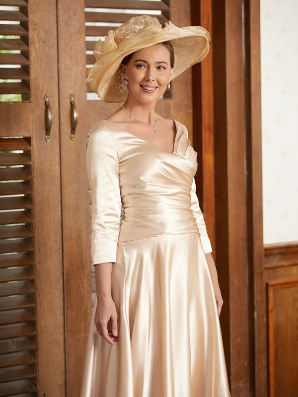 Marian A-Line/Princess Elastic Woven Satin Ruched V-neck 3/4 Sleeves Ankle-Length Mother of the Bride Dresses DEP0020362