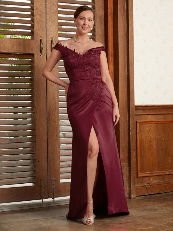 Savannah Sheath/Column Satin Applique Off-the-Shoulder Sleeveless Sweep/Brush Train Mother of the Bride Dresses DEP0020348