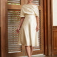 Jadyn A-Line/Princess Charmeuse Ruched Off-the-Shoulder 1/2 Sleeves Tea-Length Mother of the Bride Dresses DEP0020363