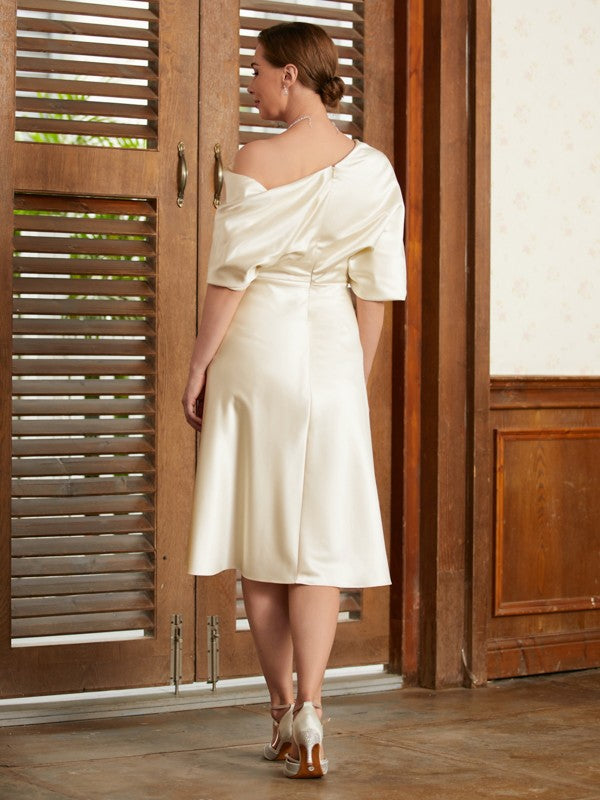 Jadyn A-Line/Princess Charmeuse Ruched Off-the-Shoulder 1/2 Sleeves Tea-Length Mother of the Bride Dresses DEP0020363