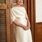 Jadyn A-Line/Princess Charmeuse Ruched Off-the-Shoulder 1/2 Sleeves Tea-Length Mother of the Bride Dresses DEP0020363