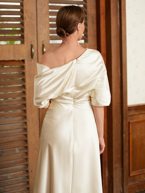 Jadyn A-Line/Princess Charmeuse Ruched Off-the-Shoulder 1/2 Sleeves Tea-Length Mother of the Bride Dresses DEP0020363