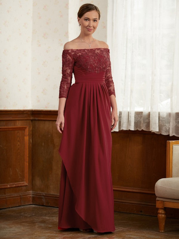 Natalie A-Line/Princess Stretch Crepe Lace Off-the-Shoulder 3/4 Sleeves Floor-Length Mother of the Bride Dresses DEP0020350