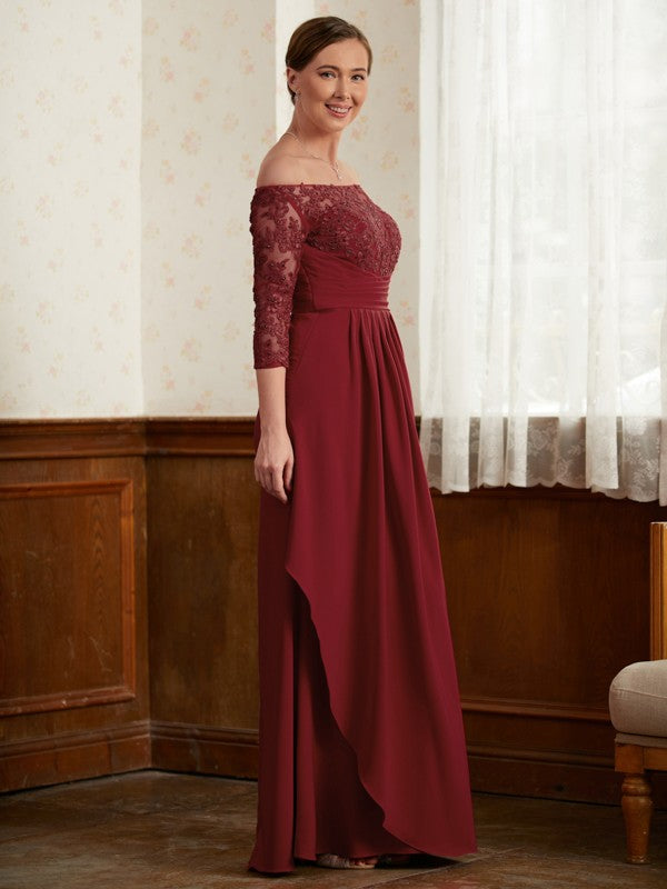 Natalie A-Line/Princess Stretch Crepe Lace Off-the-Shoulder 3/4 Sleeves Floor-Length Mother of the Bride Dresses DEP0020350