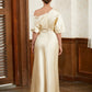 Melissa Sheath/Column Charmeuse Ruched Off-the-Shoulder Short Sleeves Floor-Length Mother of the Bride Dresses DEP0020309