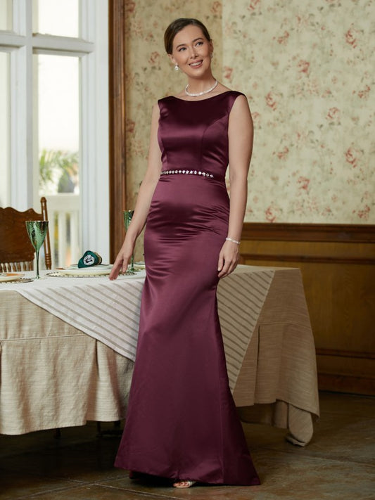 Veronica Sheath/Column Satin Beading Scoop Sleeveless Sweep/Brush Train Mother of the Bride Dresses DEP0020354