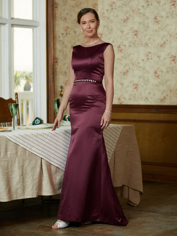 Veronica Sheath/Column Satin Beading Scoop Sleeveless Sweep/Brush Train Mother of the Bride Dresses DEP0020354