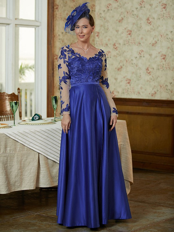 Riley A-Line/Princess Satin Applique V-neck Long Sleeves Floor-Length Mother of the Bride Dresses DEP0020358