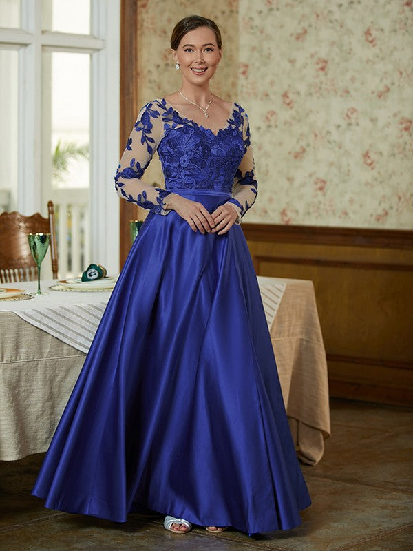 Riley A-Line/Princess Satin Applique V-neck Long Sleeves Floor-Length Mother of the Bride Dresses DEP0020358