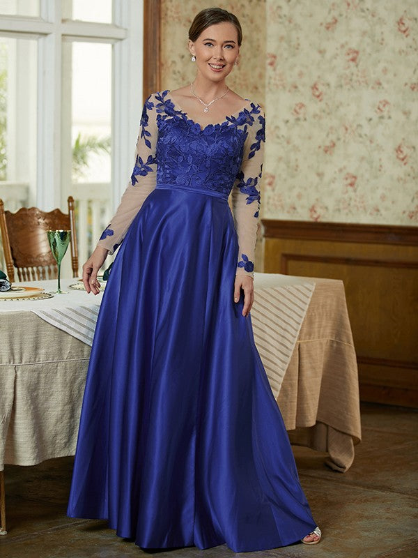 Riley A-Line/Princess Satin Applique V-neck Long Sleeves Floor-Length Mother of the Bride Dresses DEP0020358