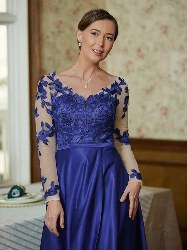 Riley A-Line/Princess Satin Applique V-neck Long Sleeves Floor-Length Mother of the Bride Dresses DEP0020358