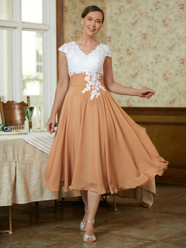 Larissa A-Line/Princess Chiffon Lace V-neck Sleeveless Tea-Length Mother of the Bride Dresses DEP0020364