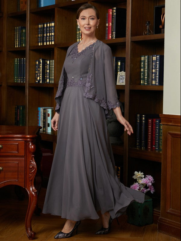 Autumn A-Line/Princess Chiffon Applique V-neck Sleeveless Ankle-Length Mother of the Bride Dresses DEP0020365