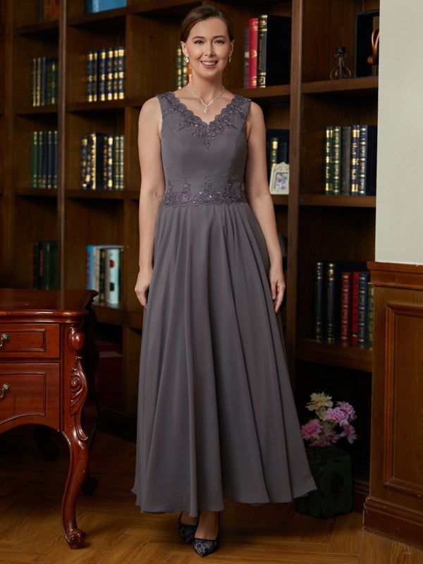 Autumn A-Line/Princess Chiffon Applique V-neck Sleeveless Ankle-Length Mother of the Bride Dresses DEP0020365