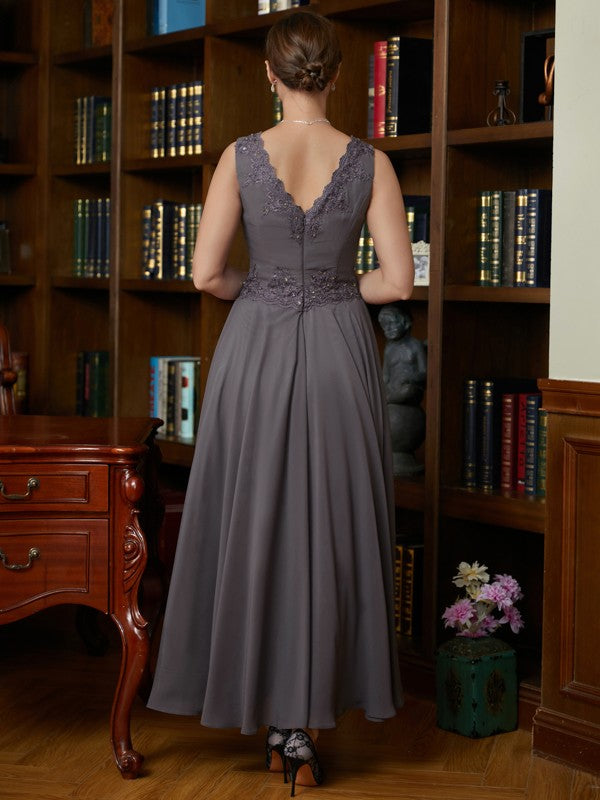 Autumn A-Line/Princess Chiffon Applique V-neck Sleeveless Ankle-Length Mother of the Bride Dresses DEP0020365