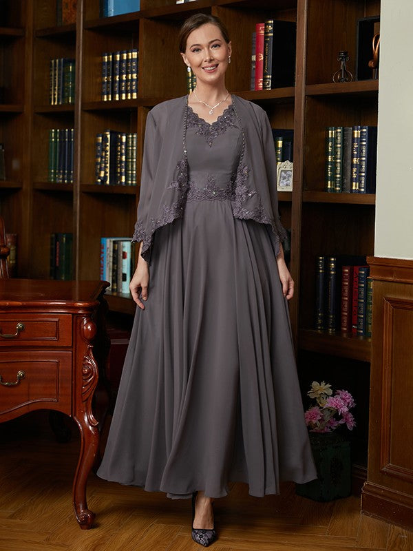 Autumn A-Line/Princess Chiffon Applique V-neck Sleeveless Ankle-Length Mother of the Bride Dresses DEP0020365