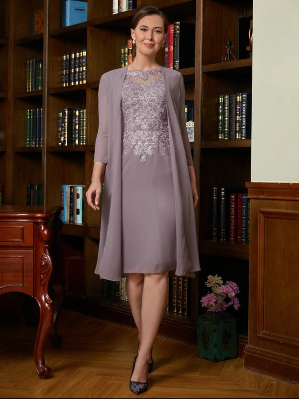 Isabel Sheath/Column Chiffon Lace Scoop Short Sleeves Knee-Length Mother of the Bride Dresses DEP0020316