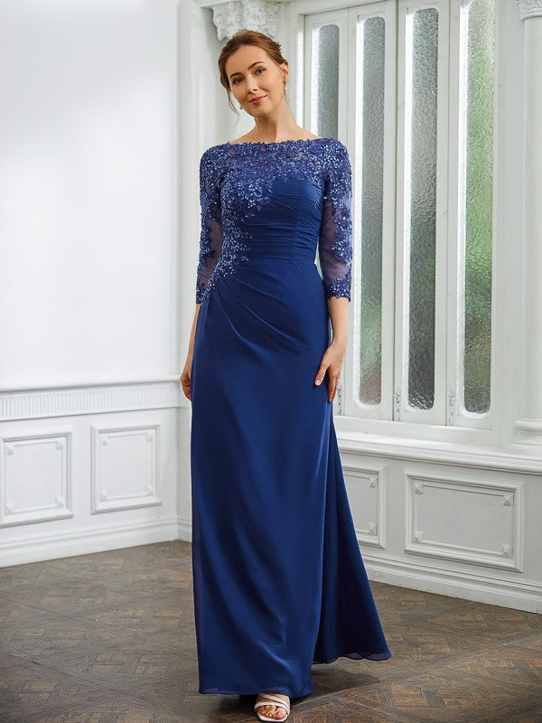 Kaylin Sheath/Column Chiffon Applique Bateau 3/4 Sleeves Floor-Length Mother of the Bride Dresses DEP0020280