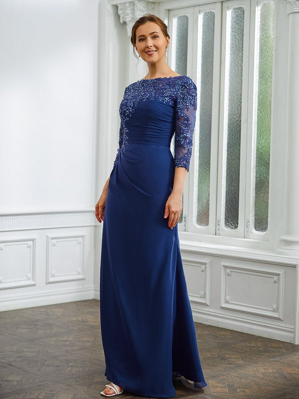 Kaylin Sheath/Column Chiffon Applique Bateau 3/4 Sleeves Floor-Length Mother of the Bride Dresses DEP0020280