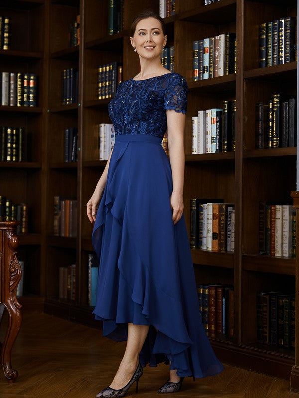 Val A-Line/Princess Chiffon Applique Bateau Short Sleeves Asymmetrical Mother of the Bride Dresses DEP0020281