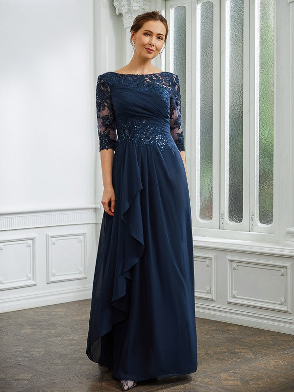 Hailey A-Line/Princess Chiffon Applique Bateau 3/4 Sleeves Floor-Length Mother of the Bride Dresses DEP0020276