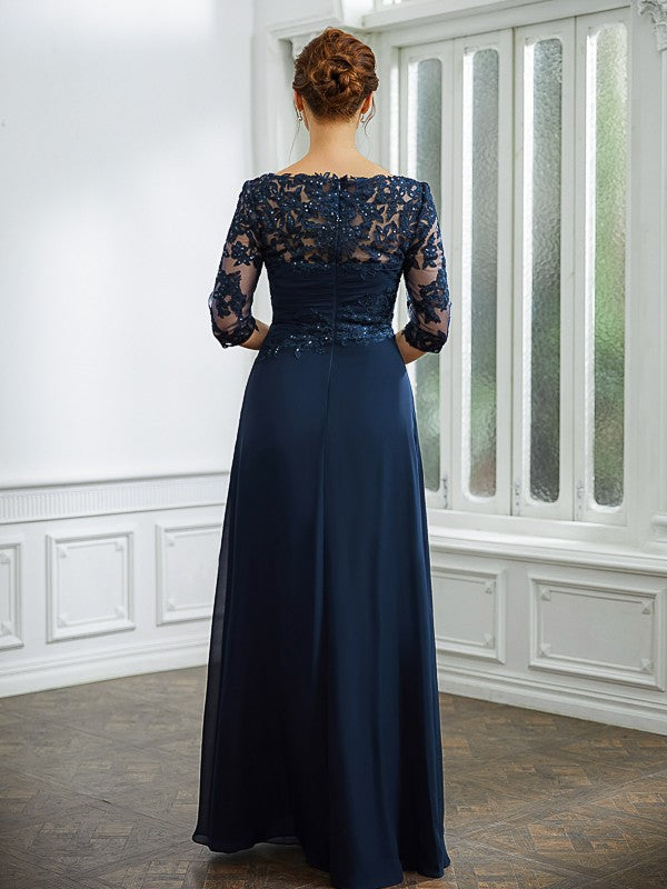 Hailey A-Line/Princess Chiffon Applique Bateau 3/4 Sleeves Floor-Length Mother of the Bride Dresses DEP0020276