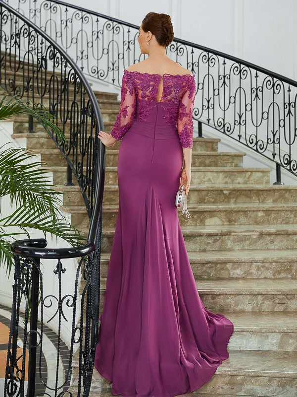 Kira Sheath/Column Chiffon Applique Off-the-Shoulder 3/4 Sleeves Sweep/Brush Train Mother of the Bride Dresses DEP0020278