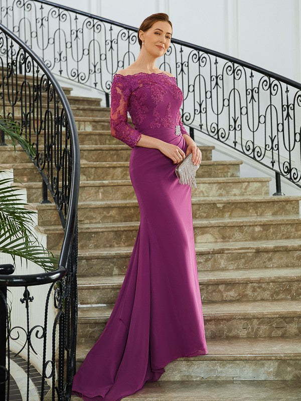 Kira Sheath/Column Chiffon Applique Off-the-Shoulder 3/4 Sleeves Sweep/Brush Train Mother of the Bride Dresses DEP0020278