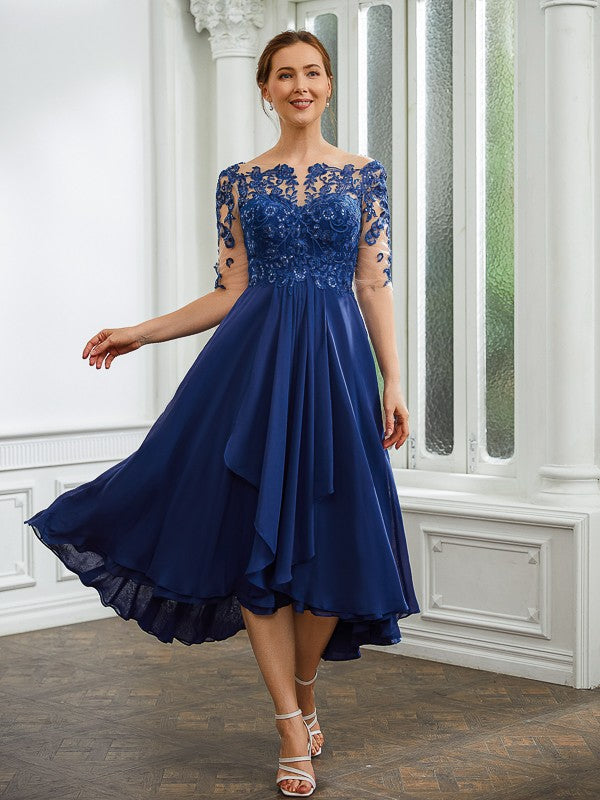 Lily A-Line/Princess Chiffon Applique Bateau 1/2 Sleeves Tea-Length Mother of the Bride Dresses DEP0020279