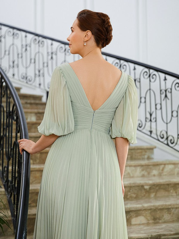 Terri A-Line/Princess Chiffon Ruched V-neck 1/2 Sleeves Floor-Length Mother of the Bride Dresses DEP0020271