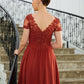 Catalina A-Line/Princess Chiffon Ruched V-neck Short Sleeves Asymmetrical Mother of the Bride Dresses DEP0020273