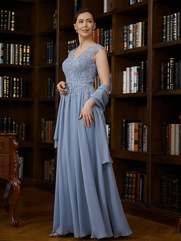 Nicola A-Line/Princess Chiffon Applique V-neck Sleeveless Floor-Length Mother of the Bride Dresses DEP0020259