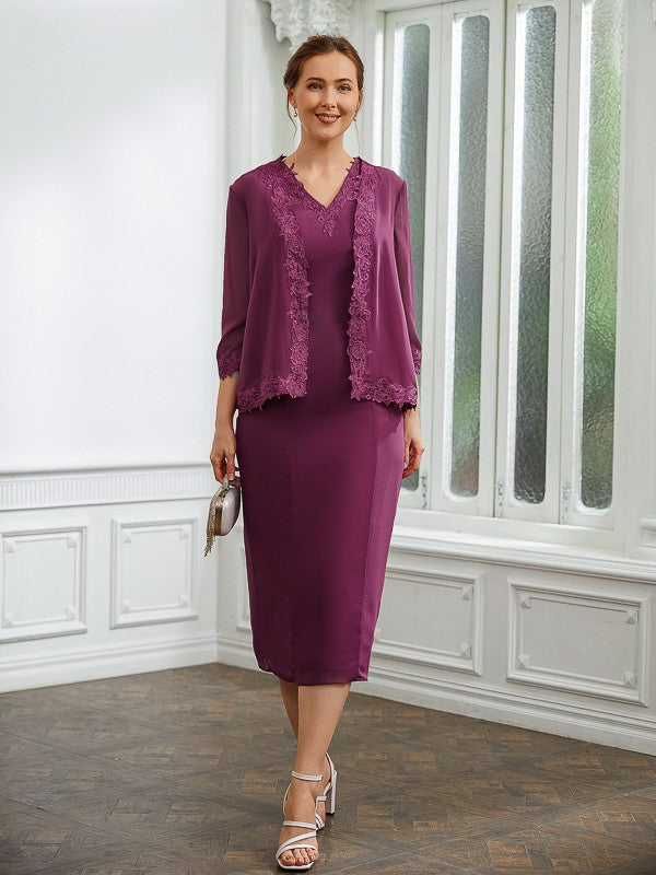 Nicola Sheath/Column Chiffon Applique V-neck Sleeveless Tea-Length Mother of the Bride Dresses DEP0020263