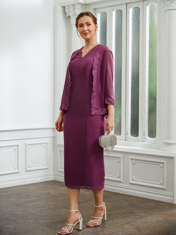 Nicola Sheath/Column Chiffon Applique V-neck Sleeveless Tea-Length Mother of the Bride Dresses DEP0020263