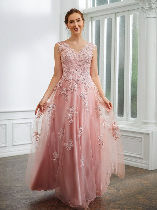 Jocelynn A-Line/Princess Tulle Applique V-neck Sleeveless Floor-Length Dresses DEP0020264