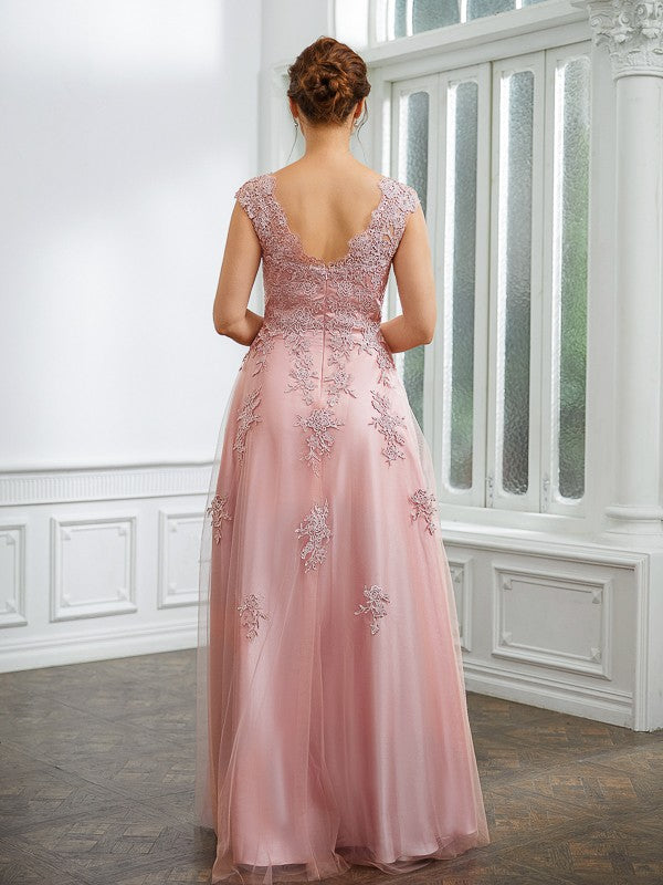 Jocelynn A-Line/Princess Tulle Applique V-neck Sleeveless Floor-Length Dresses DEP0020264